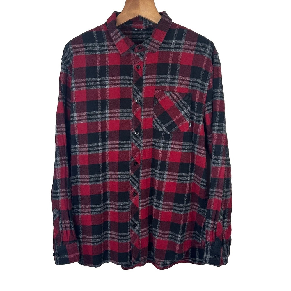 Vans Red Black Plaid Flannel Long Sleeve Button Down Shirt Skater Mens XXL